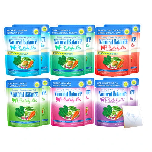 Generic Natural Balance Grain-Free Platefulls Variety Pack Six Flavors: Turkey, Salmon & Chicken, Chicken Giblets, Cod & Sole, Salmon & Tuna, and Mackerel + Pet Paws Notepad - 3 Ounces Each (12 Pouches Total)