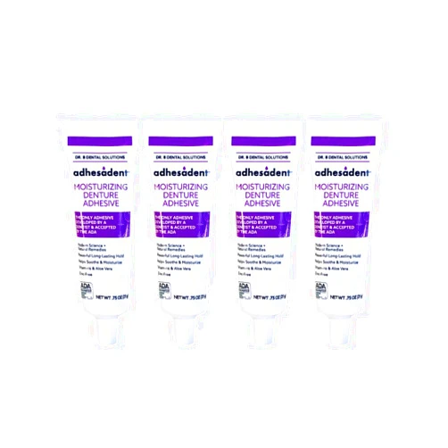 Dr. B Dental Solutions Adhesadent Moisturizing Denture Adhesive - Secure Denture Glue with Strong Grip & Natural Taste - Zinc-Free Dental Adhesive for Dentures - Travel Size 0.75 oz (4 Pack)