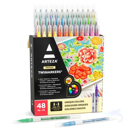 ARTEZA Dual Tip Brush Markers, Set of 48, Art Markers with Fine and Brush Tips, Dual Tip Pens for Adult Coloring, Calligraphy, Sketching, Doodling