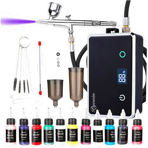 Pyewin 32PSI Cordless Airbrush Kit with Compressor - Portable Handheld Air Brush Gun with LED Display & 0.38mm Anti-Clog Nozzle, Rechargeable Airbrush Set for Model Painting, Nails, Barber, Cake & Makeup