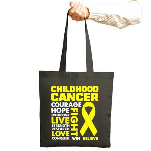 Handmade Childhood Cancer Awareness Supporters Courage Hope Overcome Live Strength Research Love Conquer Fight Win Believe Black Multicolor Canvas Tote Bag