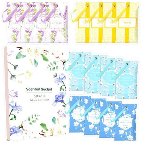 LA BELLEFÉE Scented Sachets for Drawer and Closet, 16 Packs Long-Lasting Sachets Bags, Home Fragrance Perfume Sachets 4 Scents - Fresh Linen, Lavender, Vanilla, Pure Cotton