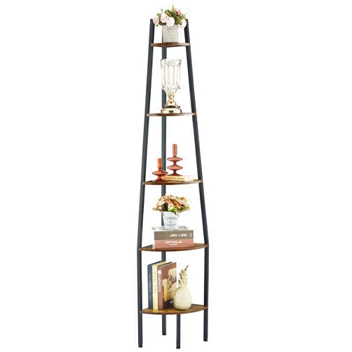 Hoctieon Corner Shelf, Industrial 5-Tier Corner Bookshelf, Rustic Corner Ladder Shelf, Corner Bookcase for Small Spaces, Bedroom, Living Room, Home Office, Kitchen, Balcony, Rustic Brown