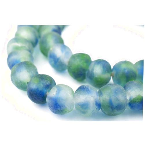 The Bead Chest Multicolor African Recycled Glass Beads 14mm – Blue, Green, White – Large Hole 25-Inch Strand, Handmade in Ghana for Jewelry Making & Crafts I Approximately 45 Beads