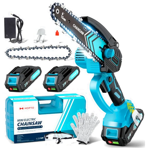 HOPTO Mini Chainsaw, 6-Inch Chain Saw, 2 Pack 2000mAh Batteries, 【Seniors Friendly】Portable Handheld Chainsaw, Mini Chainsaw Cordless for Wood Cutting Tree Trimming DIY Projects Gardening Camping