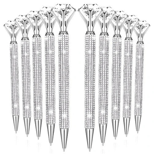 Thenshop 10 Pcs Big Diamond Pens with Crystal Bling Rhinestone Metal Glitter Ballpoint Pens Black Ink Retractable Cute Fancy Wedding bridal shower Gift Office Supplies for Birthday Women (Silver)