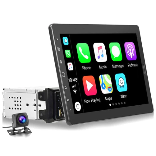 NHOPEEW Single Din Apple Carplay Radio - 10.1 inch IPS Touchscreen Car Stereo with Bluetooth and AHD Backup Camera + Microphone/Android Auto/Dual USB/Mirror Link