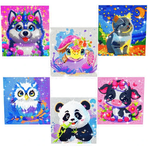 BSRESIN 6 Pack Diamond Art Kits for Kids, Cartoon Animals DIY Diamond Painting Kits for Adults Beginner, Kids' Mosaic Kits 5D Full Round Drill Gem Art for Home Wall Decor Kids 6X6 inch