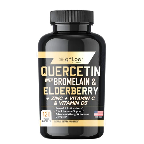 Gflow vitamins Quercetin with Vitamin C and Zinc - Quercetin 500mg - Quercetin with Bromelain - Zinc Quercetin - 120 Veggie Caps - Elderberry with zinc and Vitamin c for Adults (Non-GMO, Vegan) 2 Months Supply