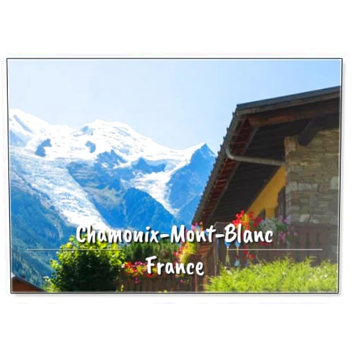 Photomagnet Chamonix-mont-blanc, France. Beautiful Alpine Landscape with Snow Covered Mountain in Summer and Traditional Chalet House at Foreground. Haute-savoie Tourism. Europe, Fridge Magnet