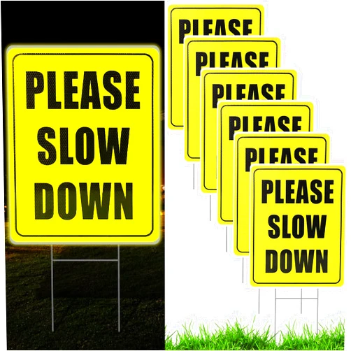 Thyle 6 Pcs Reflective Please Slow Down Signs for Neighborhoods with Metal Stake 17 x 13 Inch Double Sided Slow Down Sign for Street Lawn Children Playing Yard Road Visual Sign, Yellow