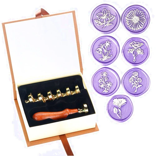 HOSAIL Wax Seal Stamp Set, HOSAIL 7pcs Daisy Flower Plants Patter Wax Seal Stamp Kit Copper Seals + 1pcs Wooden Hilt, Retro Wood Sealing Stamp for Wedding Envelopes Invitation (F05)