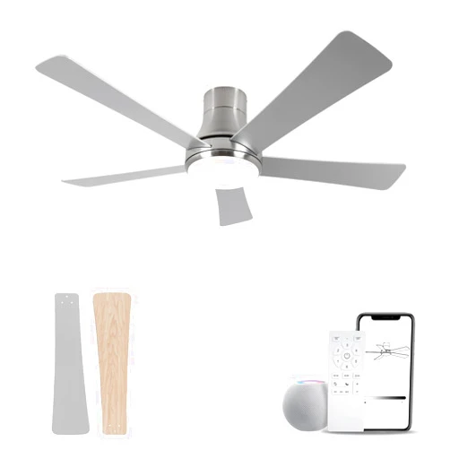 SODSEA 52 Inch Outdoor Ceiling Fan with Light, Flush Mount Ceiling Fan with 5 Blades, Dimmable, Reversible, 3-Colors, 6 Speeds, Brushed Nickel Ceiling Fan with Light and Remote/Alexa for Bedroom