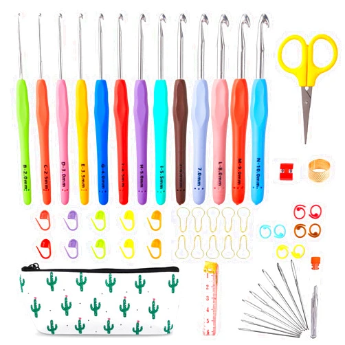 INSCRAFT 67 Pack Crochet Hooks Set, 13 PCS 2mm(B)-10mm(N) Ergonomic Soft Grip Crochet Handles Yarn Knitting Needles Kit with Case for Arthritic Hand, Crochet Starter Kit for Beginners and Lovers