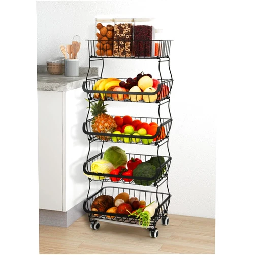 U-miss Fruit Basket, 5 Tier Stackable Metal Wire Basket Cart with Rolling Wheels, Utility Rack for Kitchen, Pantry