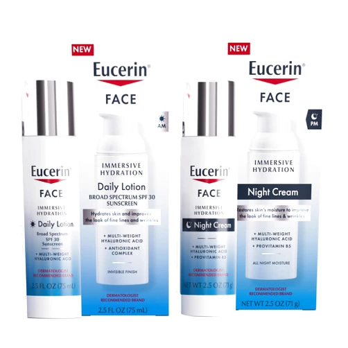 Eucerin Face Immersive Hydration Combo Pack, Daily Face Lotion with SPF 30, 2.5 Fl Oz Bottle + Night Cream with Hyaluronic Acid, 2.5 Oz Bottle