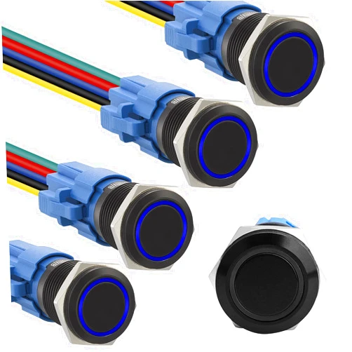STARELO 5pcs 16mm Latching led Push Button Switch Black Shell, IP65 Waterproof Push Button Switch,1NO 1 NC with Wire Socket Plug,Self-Locking with LED(Blue).