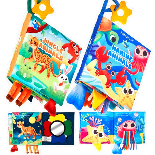 hahaland Baby Books 0-6 Months - 2 PCS Sensory Montessori Toys for Babies 0-6 Months with Crinkle Squeaky Sounds, Mirrors, Teethers - Soft Cloth Tummy Time Book Newborn Infant Toys