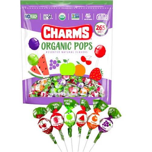 Charms Organic Pops (265 Count) – USDA Organic Fruit Candy Lollipops Made with All Natural Flavors and Ingredients – Dye-Free, Gluten- Free, Non-GMO, 3 lb Resealable Bag