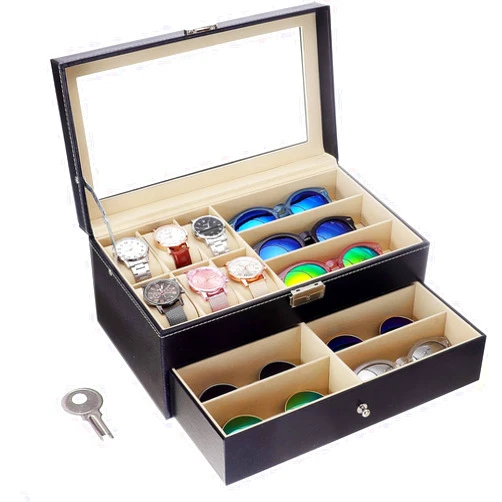 Flytianmy Leather Watch Box and Sunglass Glasses Case Organizer and Jewelry Case Display Drawer Lockable Case Organizer Black