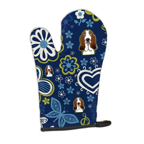 Caroline's Treasures BB5094OVMT Blue Flowers Basset Hound Oven Mitt Heat Resistant Thick Oven Mitt for Hot Pans and Oven, Kitchen Mitt Protect Hands, Cooking Baking Glove