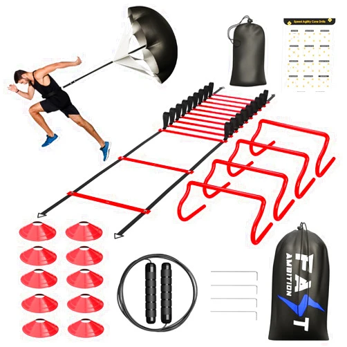 Fast Ambition Speed & Agility Training Set - Agility Ladder, Cones Hurdle Set, Parachute for Speed Training, Basketball Training Equipment, Soccer Training Equipment, Agility Training Equipment, Resistance Bands