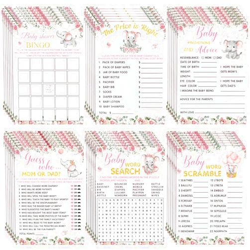 Jetec 302 Pcs Theme Baby Shower Games, 6 Games, 50 Sheets Each, Baby Shower Bingo, Baby Word Scramble, Baby Word Search, Baby Predictions and Advice, The Price is Right, Guess Who (Pink Elephant)