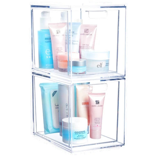 STORi Audrey Stackable Bin Clear Plastic Organizer Drawers | 2 Piece Set | Organize Cosmetics and Beauty Supplies on a Vanity | Made in USA
