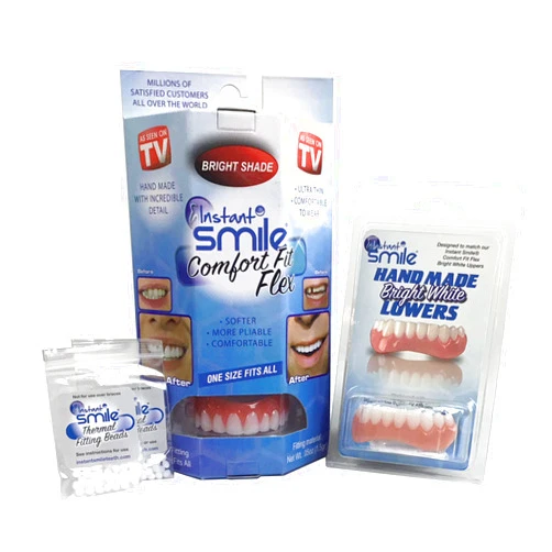 Instant Smile Comfort Fit Flex Teeth - Upper and Lower Matching Set, Bright White Shade! Fix Your Smile at Home Within Minutes!