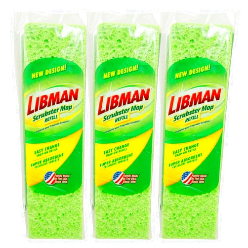 Libman Scrubster Mop Refill Pack, Three #3105 Refills Extra-Absorbent, Cellulose Coated Sponge Replacement Heads for The Libman Scrubster Mop, 3 Pack