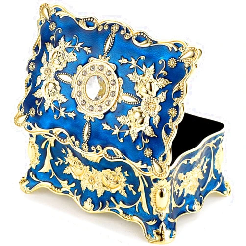YWHWXB Vintage Metal Jewelry Box,Small Multi-Compartment Treasure Chest Case, Rectangle Trinket Organizer,Earrings Ring Necklace Bracelet Storage Box,Ideal Keepsake Box for Women Girls (Golden Blue)