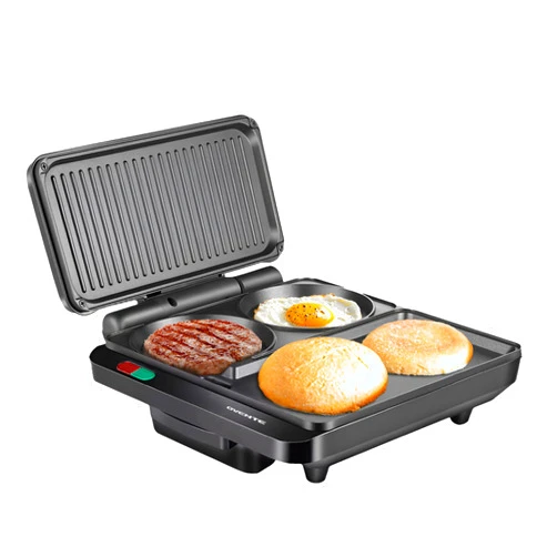 OVENTE Sandwich Maker and Hamburger Grill Machine with Non-Stick Griddle and Griller Plate, 1000W Electric Multipurpose Breakfast Station for Sandwiches, Burgers, Egg Muffin & Pancakes, Black HMG111B
