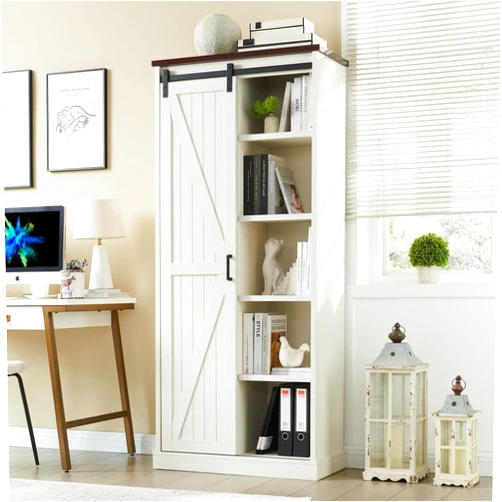 Aitjunz 72” Tall Farmhouse Bookshelf, 32” Wide Large Modern Wooden Bookcase with Sliding Barn Door, 5-Tier Display Cabinet with Adjustable Shelves, Storage Cabinet for Living Room, Bedroom, White