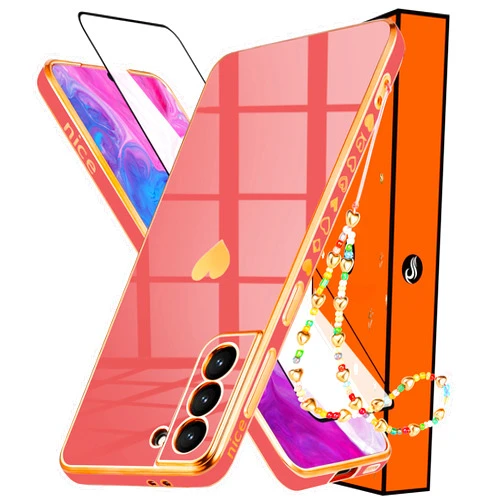 Shorogyt Heart Case for Samsung Galaxy S21 5G 6.2 Inch Women Cute Aesthetic Love Hearts Pattern Girls Red Gold Luxury Girly Design Phone Cases Trendy Cover+Screen+Chain for S21 5G 6.2”(3in1)
