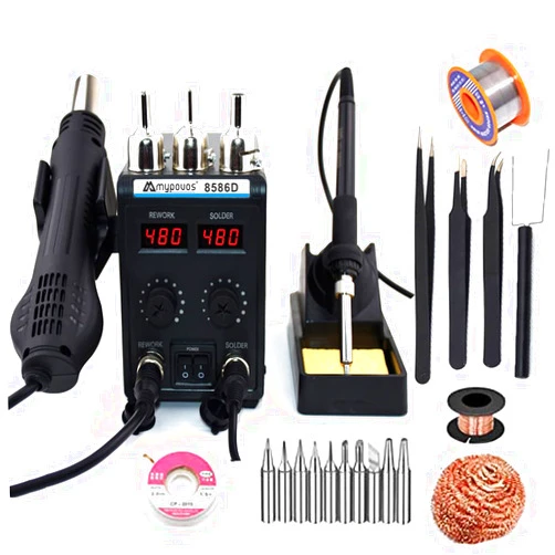 MYPOUOS 8586D 110V Solder Station, 2 in 1 LCD Dual Digital Display SMD Hot Air Gun Rework Station and Soldering Iron,750W