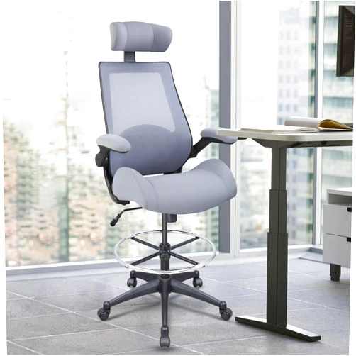 BOLISS High-Back Mesh Ergonomic Drafting Chair,Tall Office Chair, Standing Desk Chair,Adjustable Headrest,with Flip-Up Arms,Lumbar Support Swivel Computer Task Chair-Grey