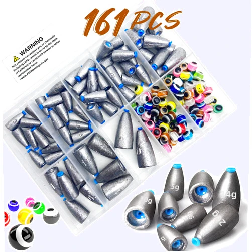 DAMIDEL 161Pcs/Box Worm Fishing Sinker Weights Kit with Soft Plastic Core（20g,14g,10g,7g,5g,3.5g Mixed, 61Pcs Bullet Lead Fishing Weights, 100 Pcs Eye Beads Bait, Don't Hurt Line Texas Rig