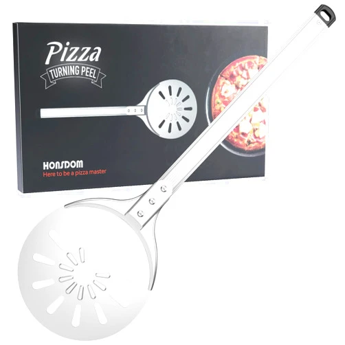 Honsdom Pizza Turning Peel, 8-inch Pizza Peel Turner Spinner, Long Handle Perforated Aluminum Pizza Peel with Silicone Hook, Pizza Oven Accessories