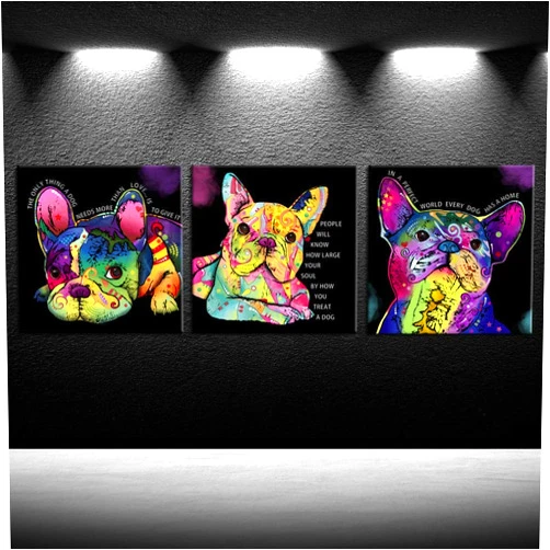 iKNOW FOTO Colorful Dog Canvas Prints Animal Paintings Cute French Bulldog Wall Art Pop Art Canvas Quotes Giclee Print Home Decorations for Living Room Bedroom Stretched and Framed Ready to Hang
