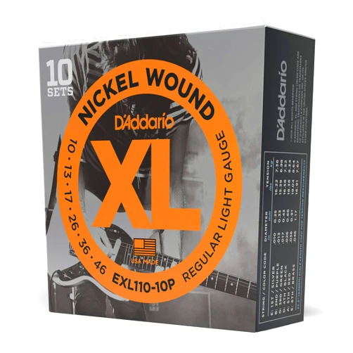 D'Addario Guitar Strings - XL Nickel Electric Guitar Strings - EXL110-10P - Perfect Intonation, Consistent Feel, Reliable Durability - For 6 String Guitars - 10-46 Regular Light, 10-Pack