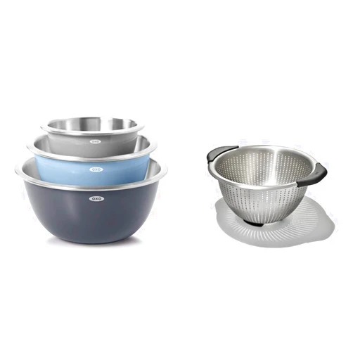 OXO Good Grips 3-Piece Stainless Steel Mixing Bowl Set - Blue/Gray, 4.7L & Good Grips Stainless Steel 5 qt./ 4.7 L Colander