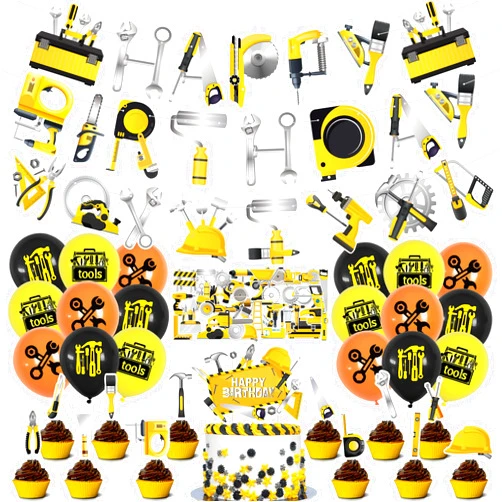Miraitowa Tools Birthday Party Decorations, Tools Party Supplies Includes Happy Birthday Banner, Balloons, Cupcake Toppers, Cake Topper, Stickers for Tools Party