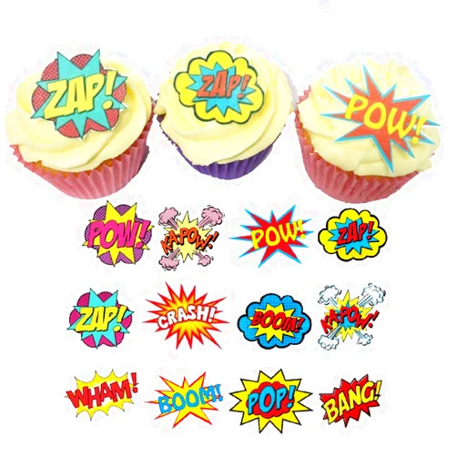 Sylvia&Vicky Edible Superhero Cupcake Toppers Words Action 48xPrecut POW ZAP CRASH BANG Avengers Edible