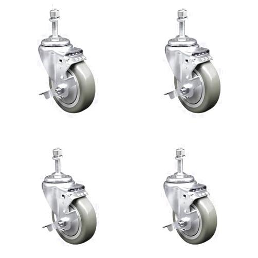 Service Caster Stainless Steel Polyurethane Swivel Threaded Stem Caster Set of 4 w/4