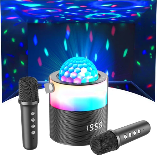 MOMOHO Mini Karaoke Machine for Kids Adults with 2 Wireless Mics Mini Portable Bluetooth Speaker Wireless Singing Machine, Disco LED Lights for Travel Girls Boys Home Party Gifts (Black)