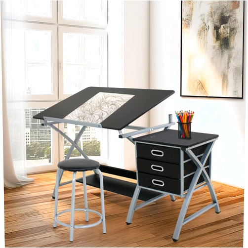 HomGarden Adjustable Drawing Desk Drafting Table Folding Art Craft Table Station w/Stool and 3 Storage Drawers