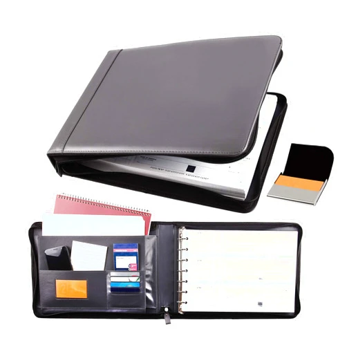 2Fold Zippered Business Checkbook Binder - 7 Ring Binder for Business Checks with Built-in Organizer and Business Card Case - PU Leather Binder Portfolio for up to 600 3-Up Business Checks (Gray)