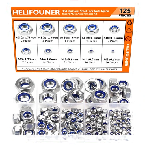HELIFOUNER 125 Pieces 7 Sizes Nylon Insert Hex Lock Nuts, 304 Stainless Steel (18-8) Locknuts, Coarse Thread (M3 M4 M5 M6 M8 M10 M12)