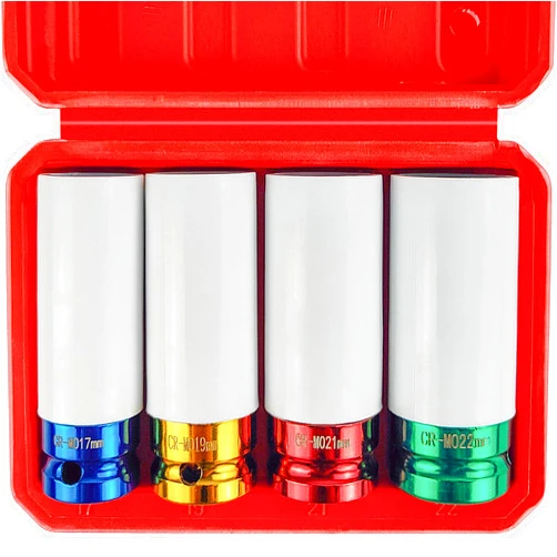 WETT 4Pcs 1/2 Inch Lug Nut Socket Set, Wheel Protector Thin Wall Deep Impact Socket, CR-MO Steel, 6 Point, Metric, 17mm, 19mm, 21mm, 22mm, Plastic Socket Lug Nut