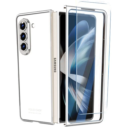 TOPSEM Case for Samsung Galaxy Z Fold 6 Case Clear with Screen Protector, Transparent Crystal Clear Plating Slim Hard PC Shockproof Anti-scratch Full Protective Cover for Samsung Z Fold 6 5G (Silver)